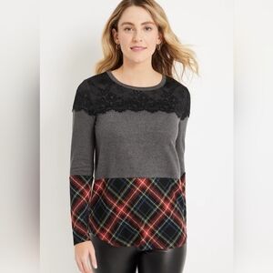 Womens Maurices Long Sleeve Grey Lace Trim Plaid Color Block Tee Size Small